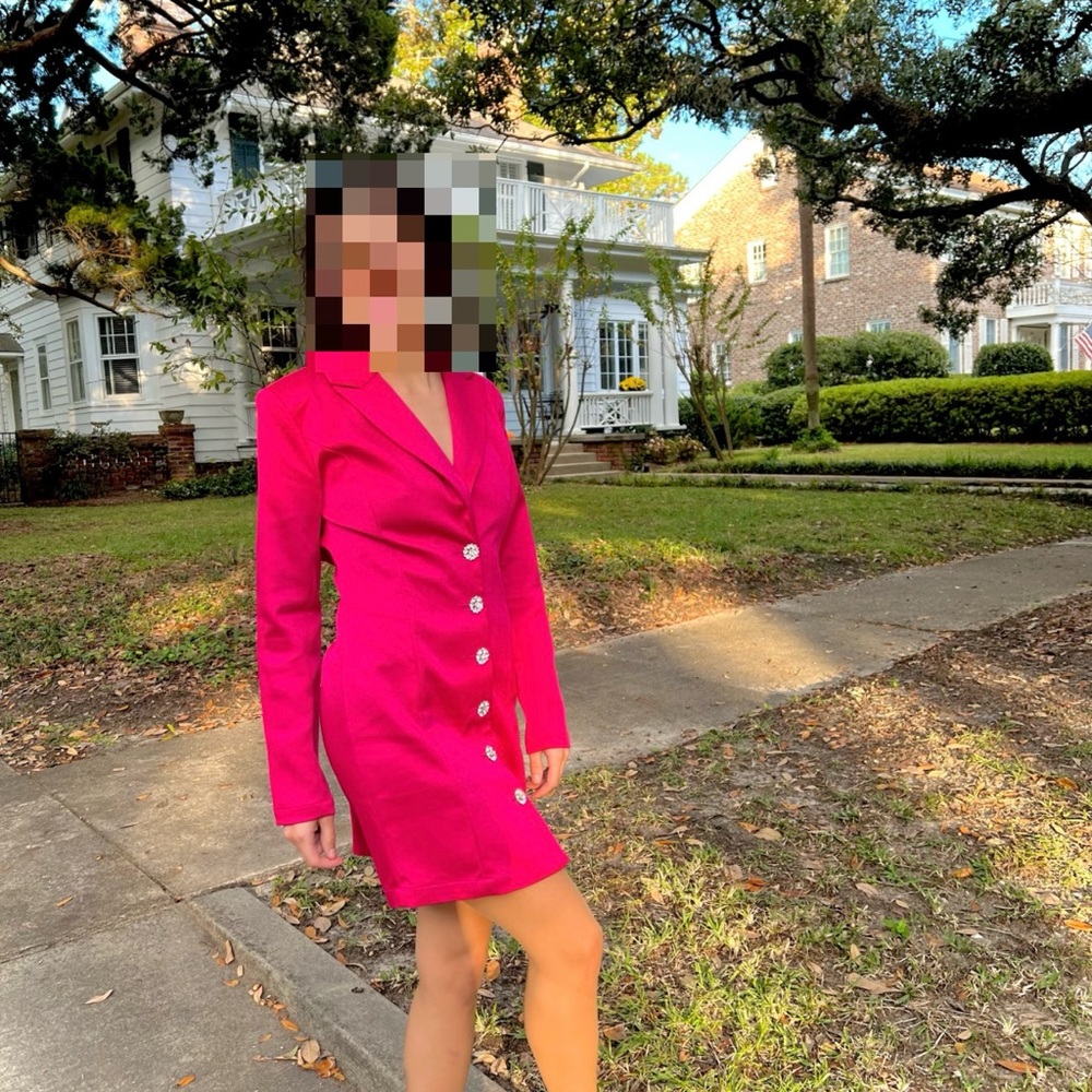 Elegant HOT Pink Button-Up Dress with Diamond accents and opened back